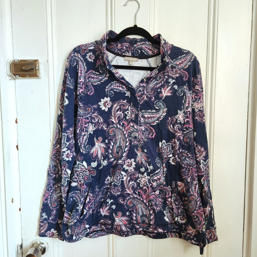 T By Talbots UV Protection Long Sleeve Shirt Blue Pink Paisley Cotton Size Large